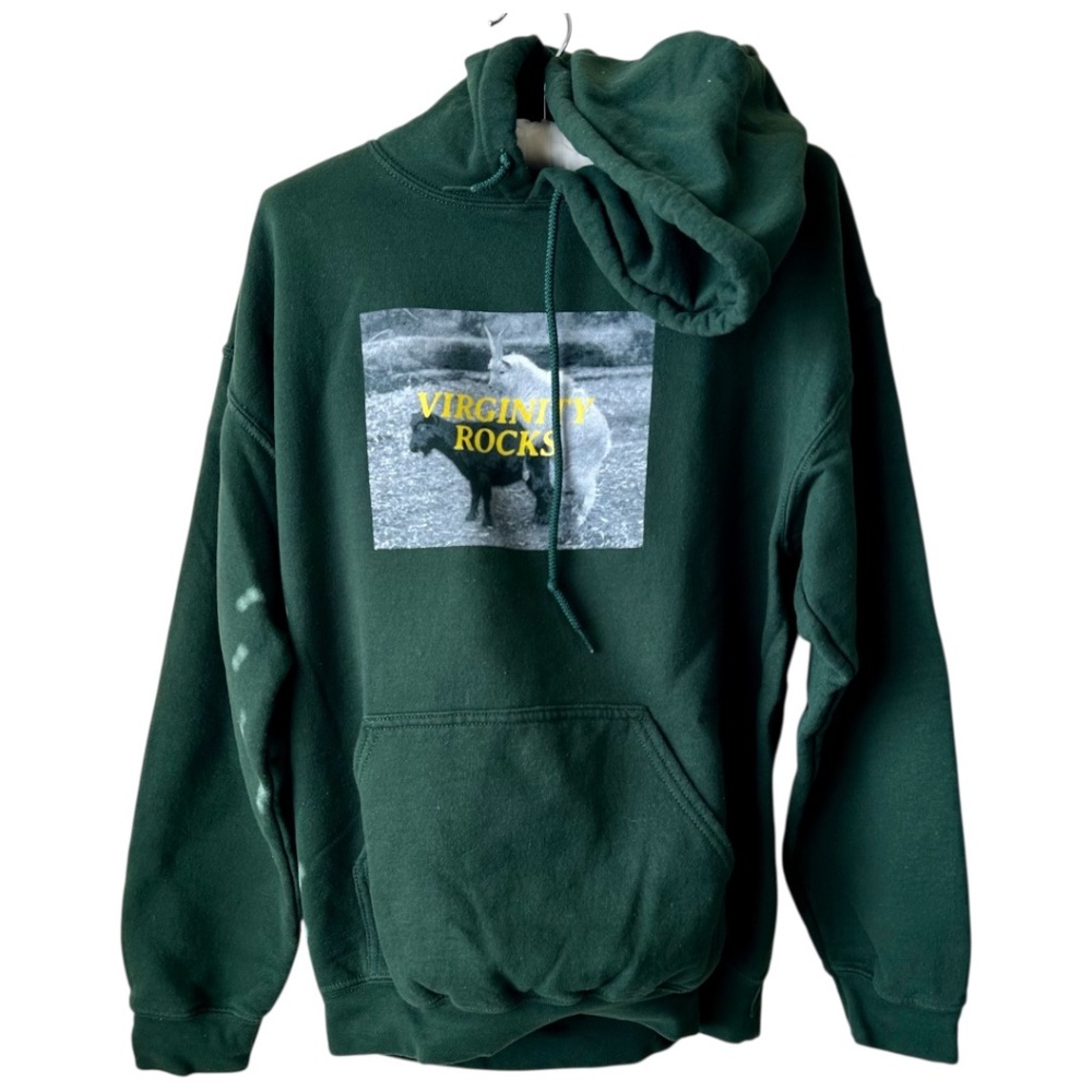 Virginity Rocks Hoodie Sweatshirt Long Sleeve Green 2 Goats on Chest Medium